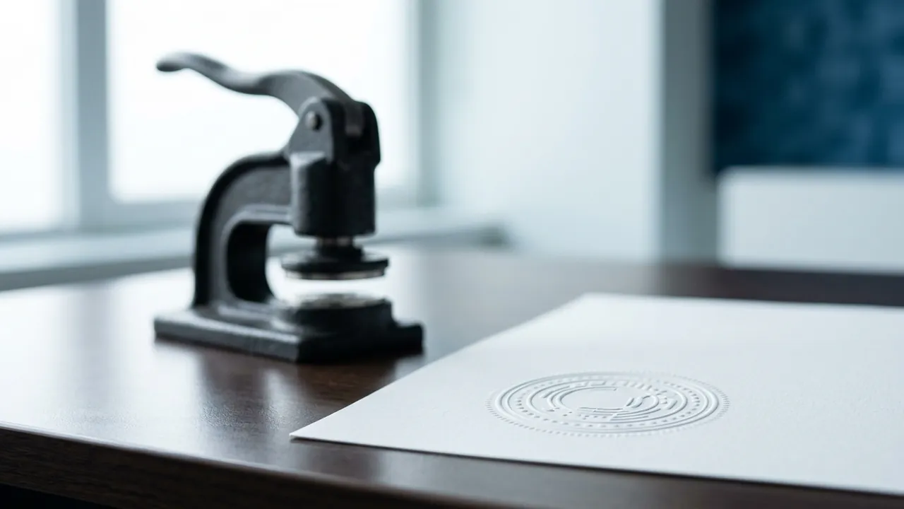 A cast-iron desk embossing press beside a sheet of white paper carrying a raised blind-embossed seal — Are Turkish hospitals accredited?