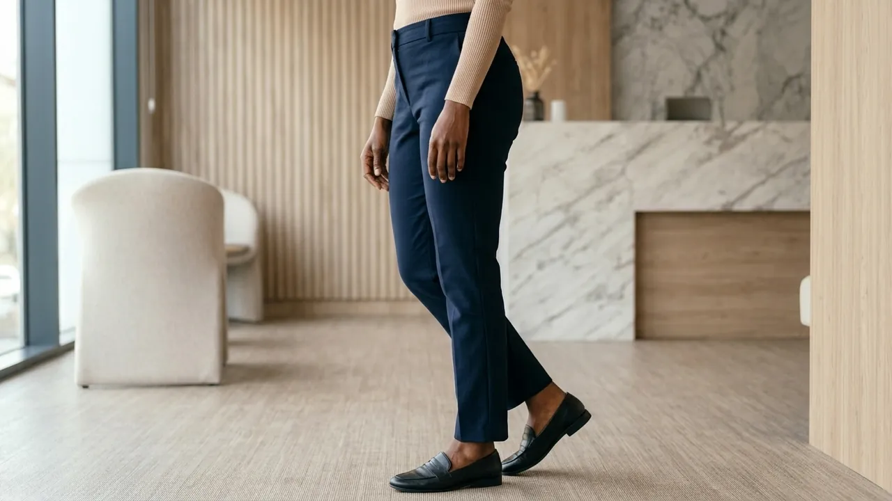 A woman standing side-on in a bright clinic lobby, seen from the waist down in navy tailored trousers and black loafers — BBL (Brazilian butt lift)