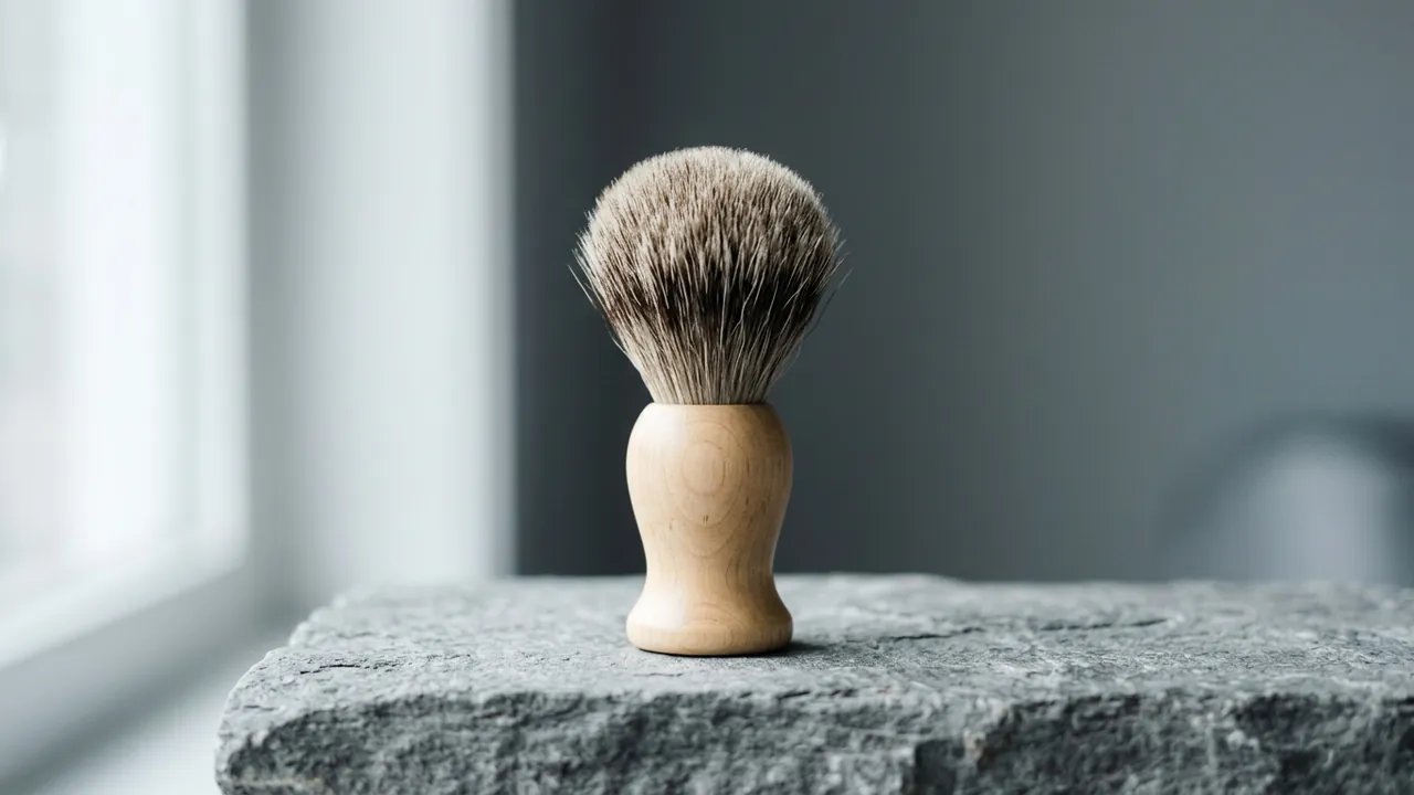 A badger-hair shaving brush with a pale wooden handle standing upright on grey stone, eye level — Beard transplant in Turkey