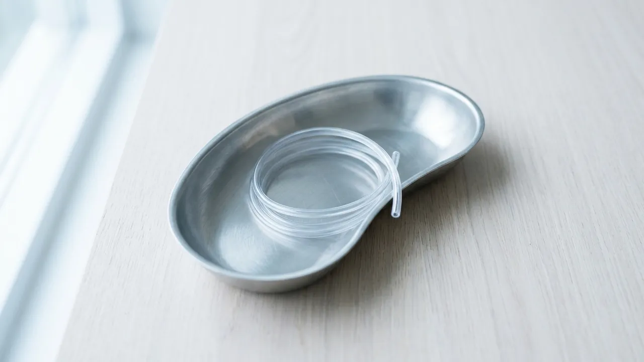 A stainless steel kidney dish holding a neat coil of clear medical tubing on a pale wood surface — Breast augmentation with fat transfer