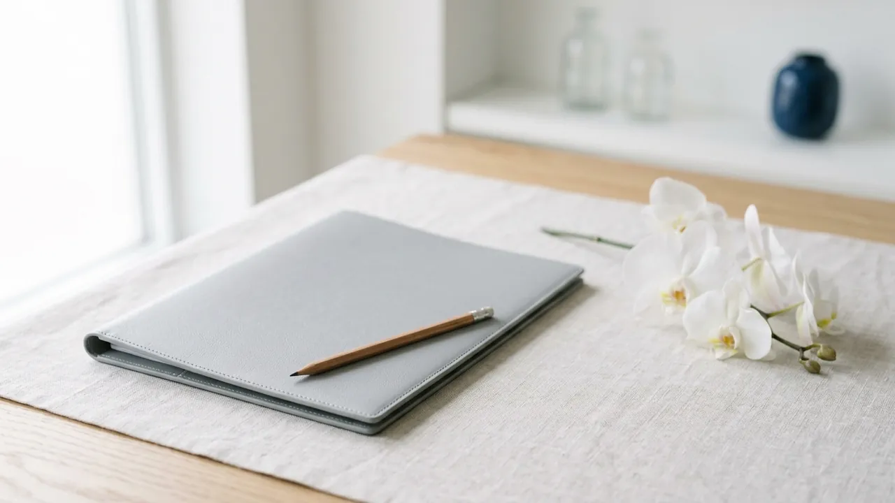 Consultation desk with a blank sketchpad, pencil and measuring tape in soft light — breast augmentation planning
