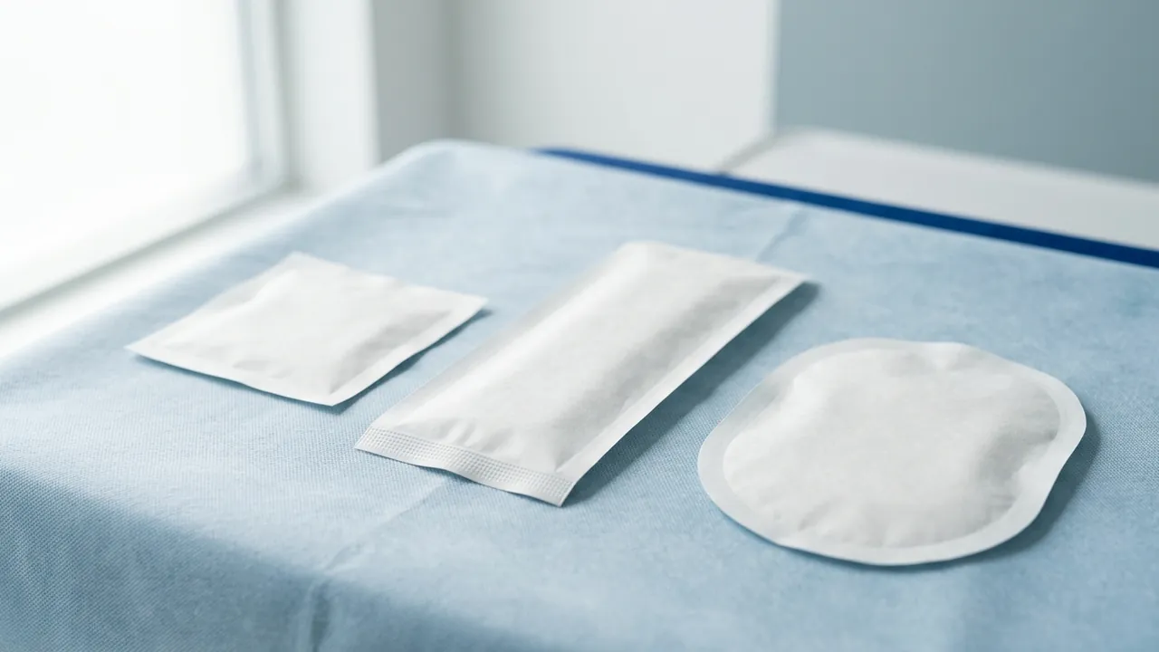 Three sealed blank sterile paper pouches of three clearly different shapes — a square, a long — Breast implant types, explained