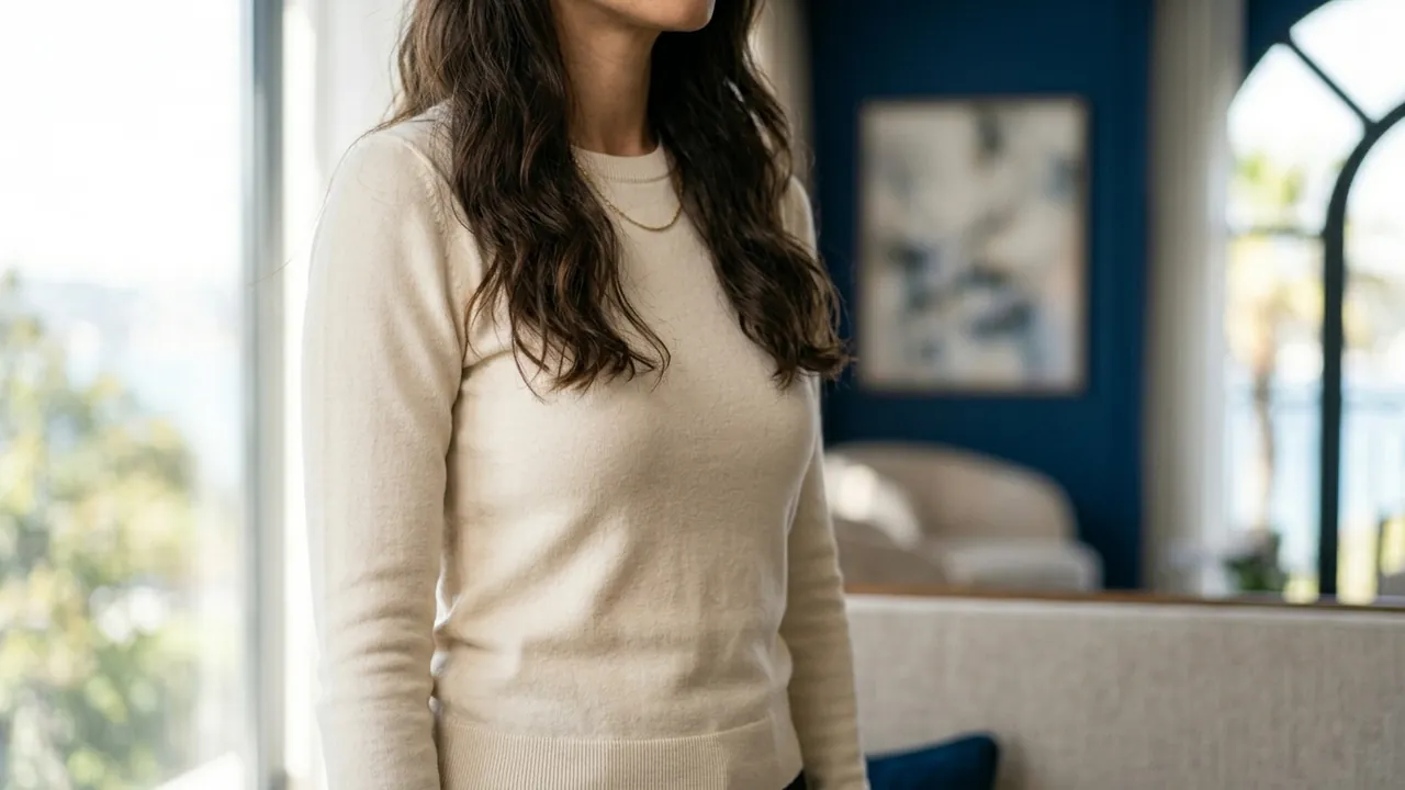 A view of a woman from the collarbone to the waist, turned slightly to one side, wearing a well-fitted long-sleeved knit top — Breast reduction & uplift