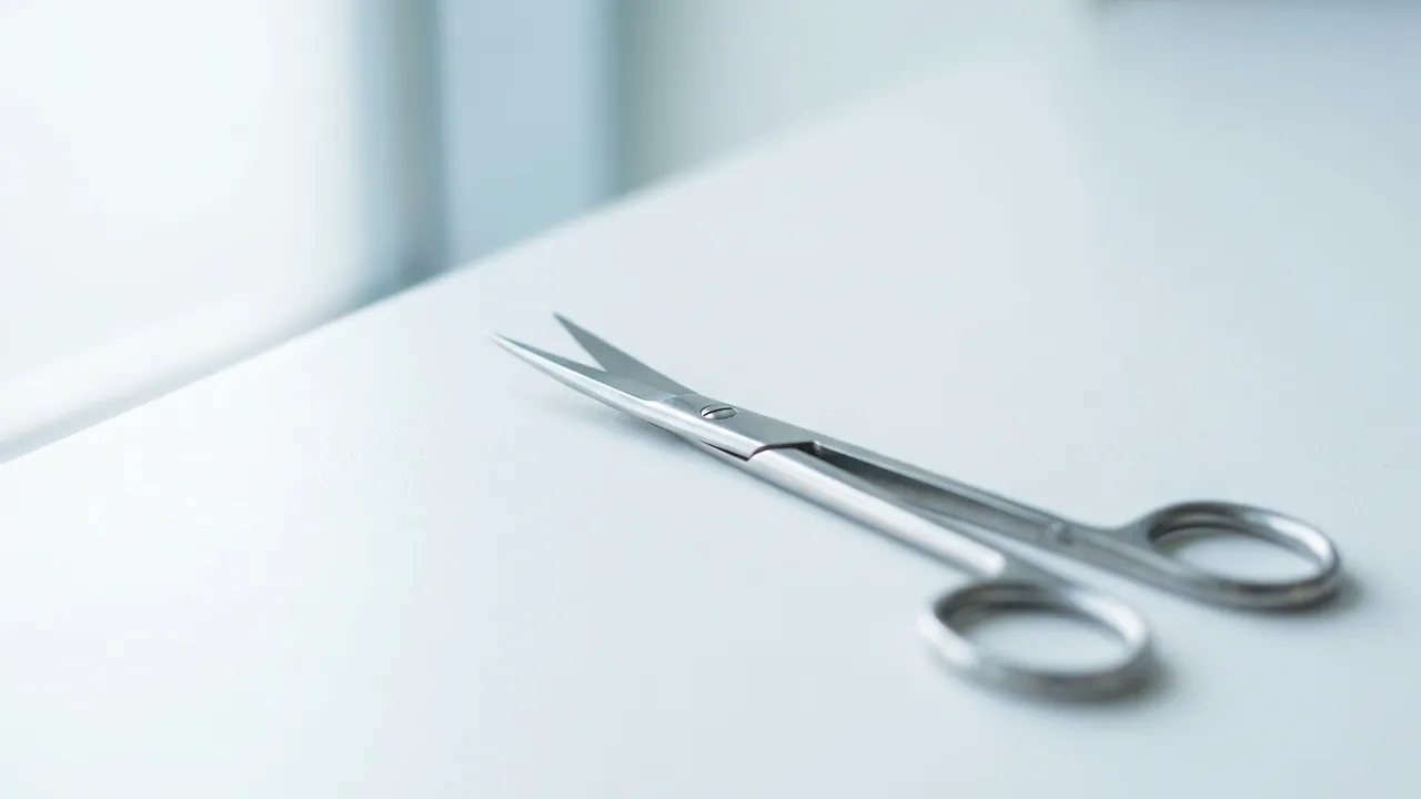 A fine-tipped steel surgical scissors lying at a 45-degree diagonal on a white counter, photographed close — Canthoplasty (almond eye)
