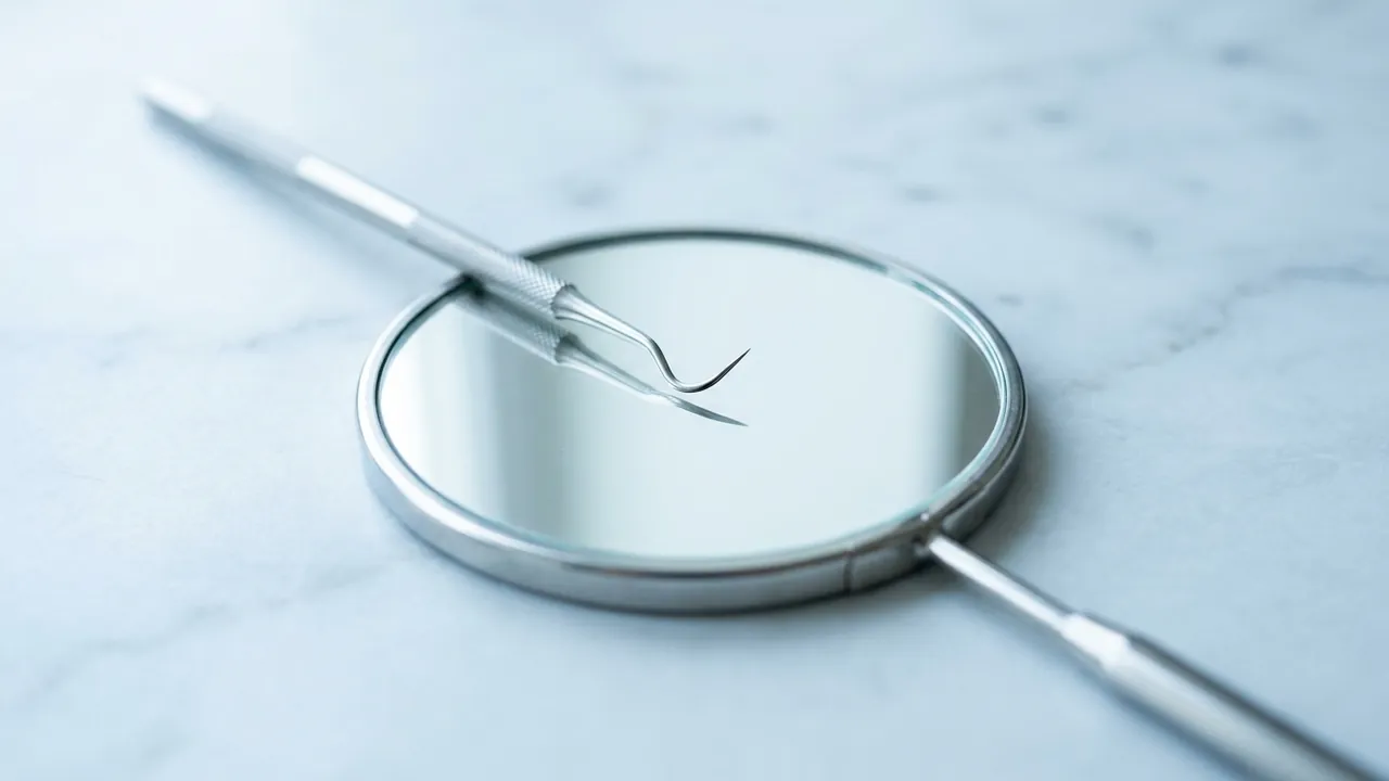 A slender steel dental probe lying diagonally across the face-up glass of a round dental hand mirror — Do veneers damage teeth?