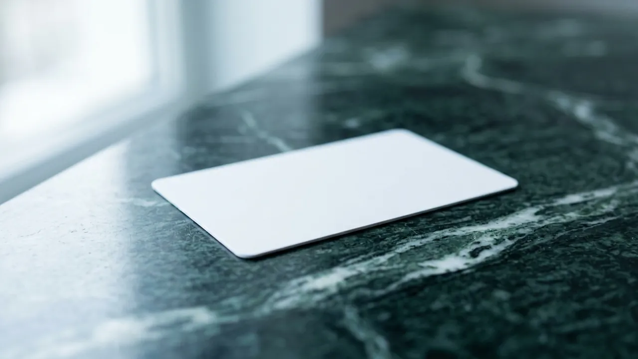 A matte-white bank card, completely blank on its face, lying at a slight diagonal on dark green marble — Eyelid surgery cost