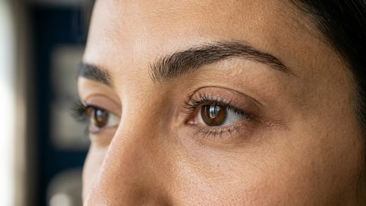 A very close view of a woman's upper eyelid, lash line and brow, eyes calm and open — Eyelid surgery (blepharoplasty)