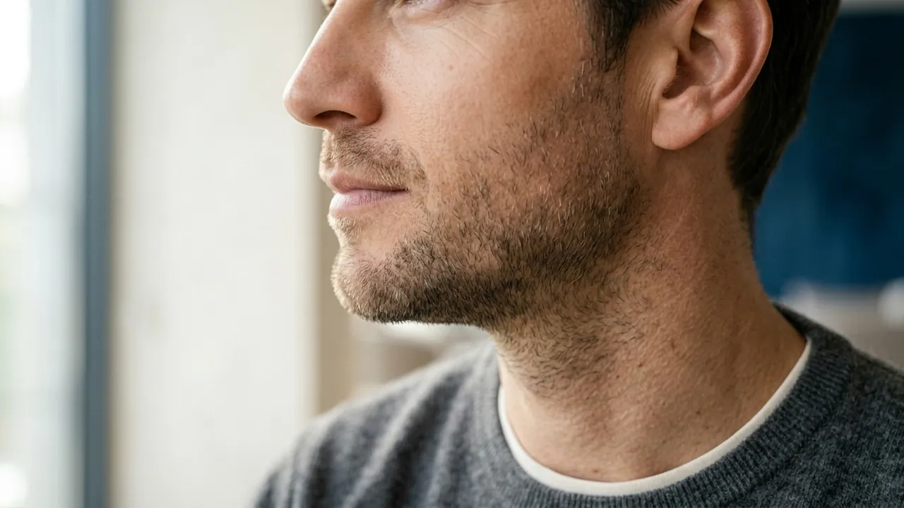 A close side-on view of a man's jawline, the front of the ear and the upper neck — Male facelift