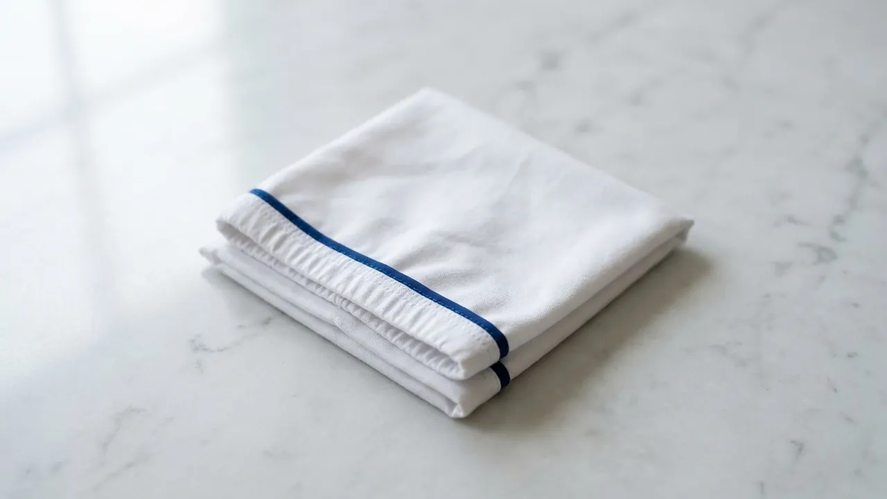 A soft white surgical clinic cap folded into a neat square with a single deep-blue trim line along its hem — The right age
