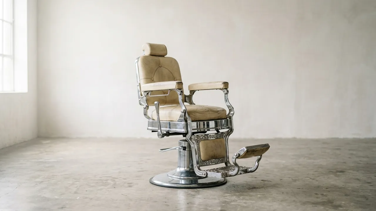 A vintage cream-leather barber chair standing alone in an empty pale-walled studio, photographed from a slight low angle — Turkey vs UK compared