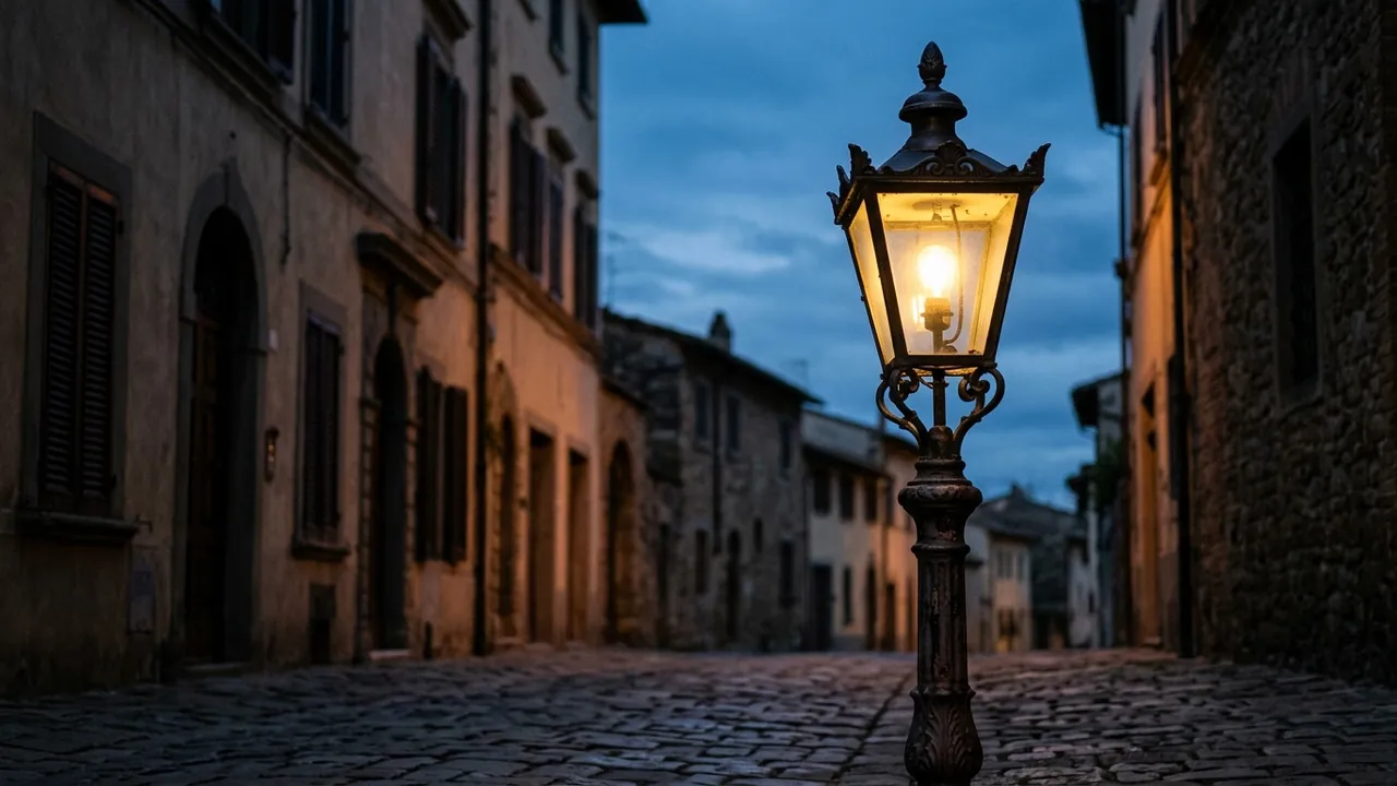 An ornate cast-iron street lamp glowing warm at dusk on a quiet cobbled lane, photographed from below at lamp height — Is Istanbul safe for patients?