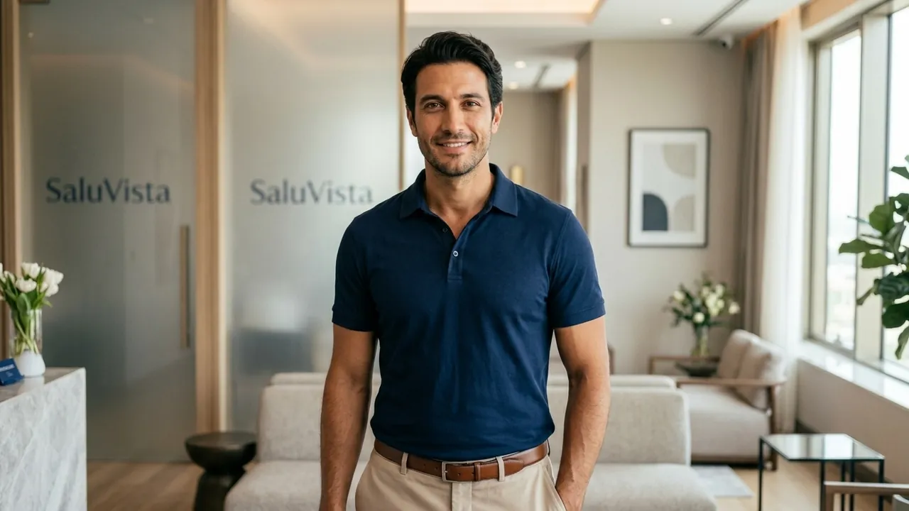 A view of a man from the shoulders to the hips, facing the camera, wearing a well-fitted dark polo shirt tucked into tailored trousers — Male liposuction