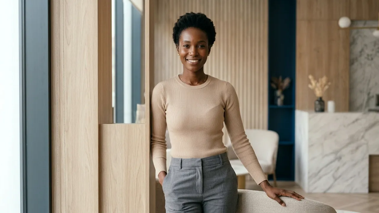 A view of a woman from the knees up, wearing a well-fitted long-sleeved knit top and tailored trousers, standing by a window in a bright room — Mommy makeover cost