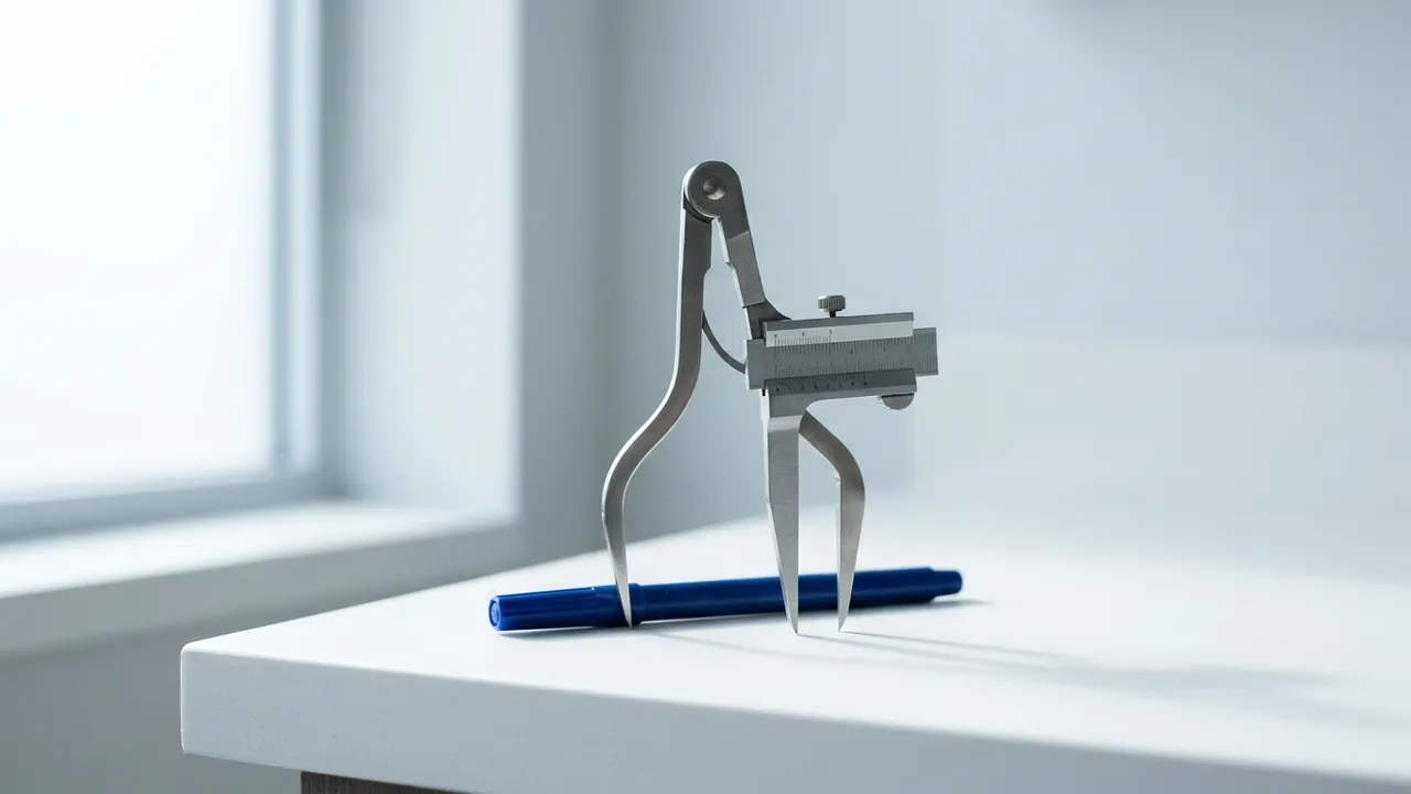 A steel measuring caliper standing upright on its points and a deep-blue skin-marking pen lying at its base on a white counter — Neck lift