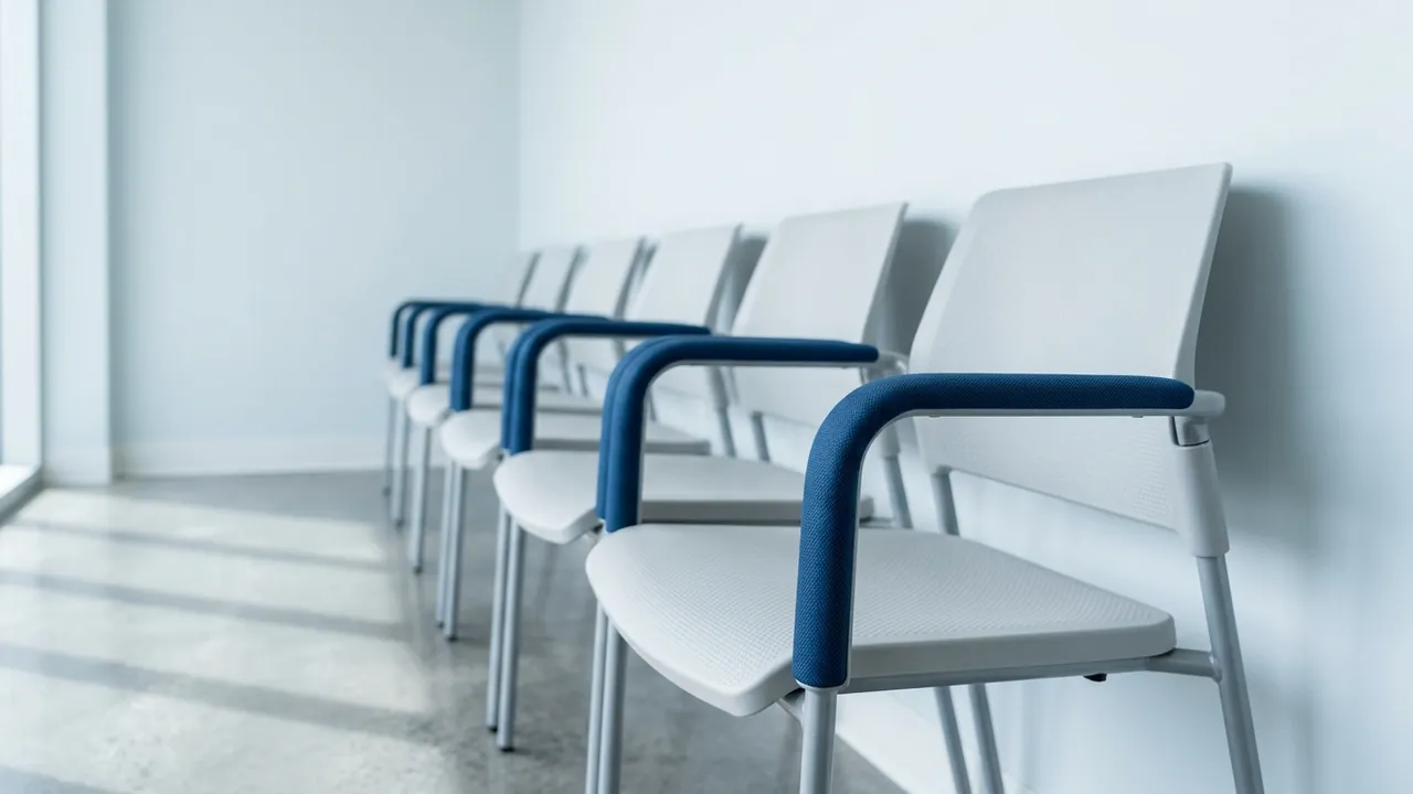 A row of empty joined waiting-room chairs along a pale wall — NHS waiting lists vs going to Turkey
