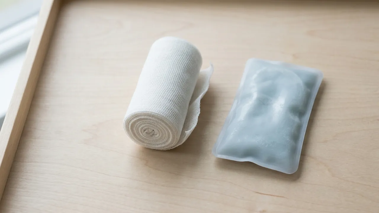 A neatly rolled white gauze bandage and a small pale-blue cold gel pack lying side by side a finger-width apart — Rhinoplasty recovery, week by week