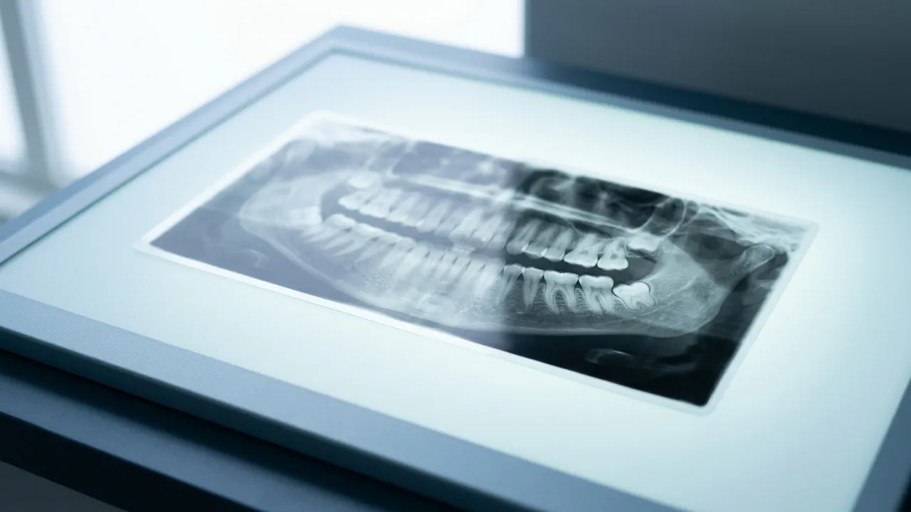 Radiografie panoramică dentară pe un negatoscop, cu al treilea molar vizibil în colțul arcadei, exact regiunea evaluată înainte de o decizie de extracție.