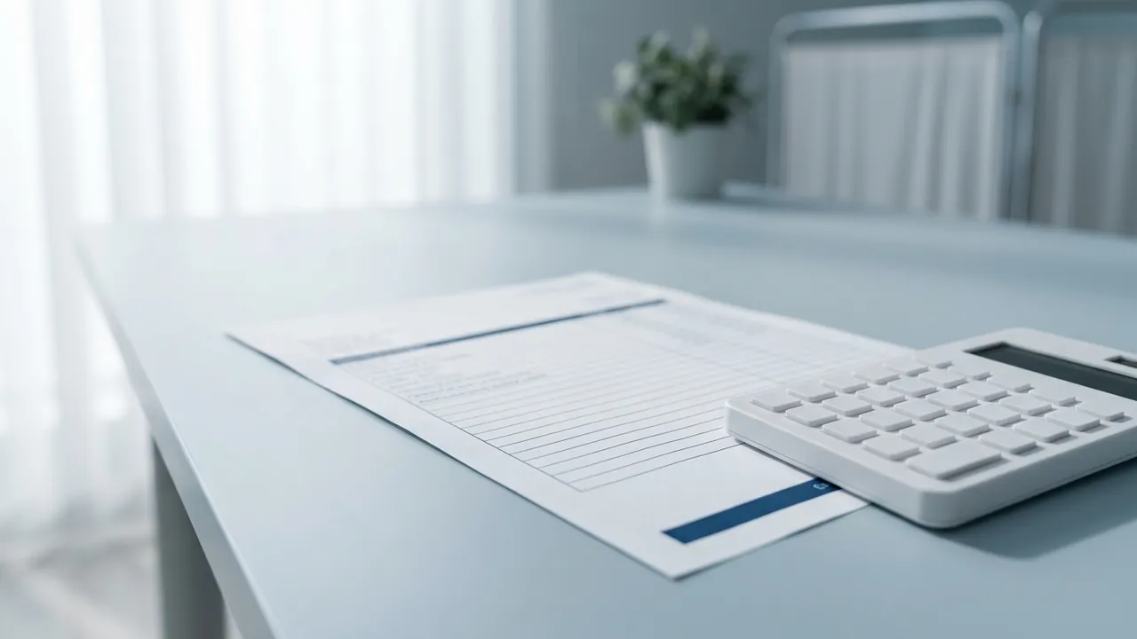 Un deviz tipărit, fără cifre lizibile, și un calculator alb pe un birou de clinică: forma în care ajunge la pacient suma finală pe care acest ghid o explică element cu element.